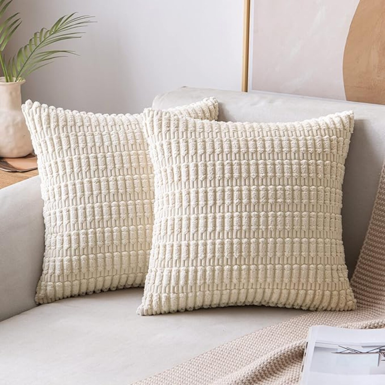 Pack of 2 Corduroy Throw Pillow Covers 18x18 Inch, Soft Striped Decorative Cushion Covers, Modern Farmhouse Pillowcases for Sofa, Couch, Bed, Living Room (Cream White)